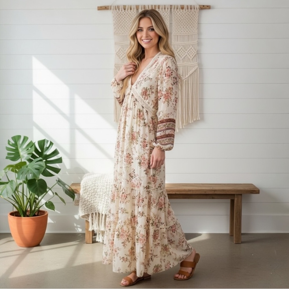 A Collective Story Floral Maxi Dress Lace Trim Tiered Boho Cottagecore M NWT - Picture 4 of 13